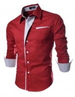 TheLees Mens Casual Long Sleeve Stripe Patched Fitted Dress Shirts Red Large(US Small)