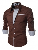 TheLees Mens Casual Long Sleeve Stripe Patched Fitted Dress Shirts Brown Large(US Small)