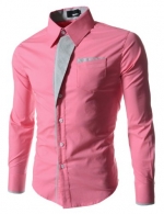 (N320) TheLees Mens Casual Long Sleeve Stripe Patched Fitted Dress Shirts PINK Large(US Small)