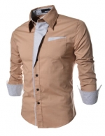 TheLees Mens Casual Long Sleeve Stripe Patched Fitted Dress Shirts BEIGE Large(US Small)