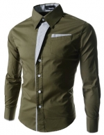 (N320) TheLees Mens Casual Long Sleeve Stripe Patched Fitted Dress Shirts KHAKI Large(US Small)