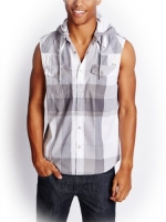 G by GUESS Men's Volt Sleeveless Plaid Hoodie, TRUE WHITE (SMALL)