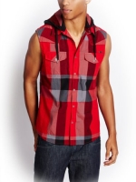 G by GUESS Men's Volt Sleeveless Plaid Hoodie, VARSITY RED (XS)