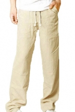 NEW Men's Trousers Linen Pants Long Loose Bucket Big Straight Casual Pants (US Size :L(Tag size:XXL), Beige)