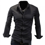 Fashion Mens Casual Long Sleeve Solid Color Business Designer Slim Dress Shirt Medium,Black