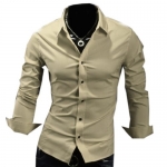 Fashion Mens Casual Long Sleeve Solid Color Business Designer Slim Dress Shirt Medium,Light Khaki
