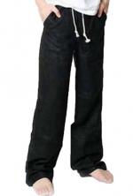 NEW Men's Trousers Linen Pants Long Loose Bucket Big Straight Casual Pants (US Size :L(Tag size:XXL), Black)