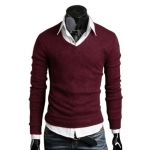 FUNOC Fashion Mens Solid Colors Knit Tops Jumper Knitwear Sweater Pullover (L(Asian XXL), Wine Red)