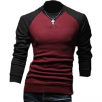 Mens Slim Fit Contrast Color Sweatshirt Crewneck Pullover Casual Sports T-shirt Medium,Wine Red