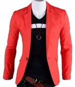 Mens One Button Casual Slim Fit Stylish Suit Blazer Jackets Coats (L (US S), Orange)