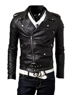 New Mens Causal Belted Design Slim PU Leather Biker Zipper Jacket Coat