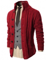 H2H Mens High Neck Twisted Knit Cardigan Sweater With Button Details WINE US 2XL/Asia 3XL (KMOCAL020)
