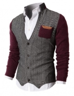 H2H Mens Herringbone Cardigan Sweater of Knitted Sleeves WINE US 2XL/Asia 3XL (KMOSWL015)