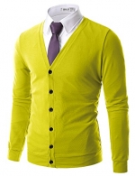 Doublju Mens Trendy Button Down Soft V-Neck Cardigan NEONYELLOW,(US M)