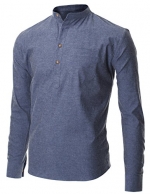 FLATSEVEN Men's Casual Mandarin Collar Popover Long Sleeve Henley Shirt Blue, M